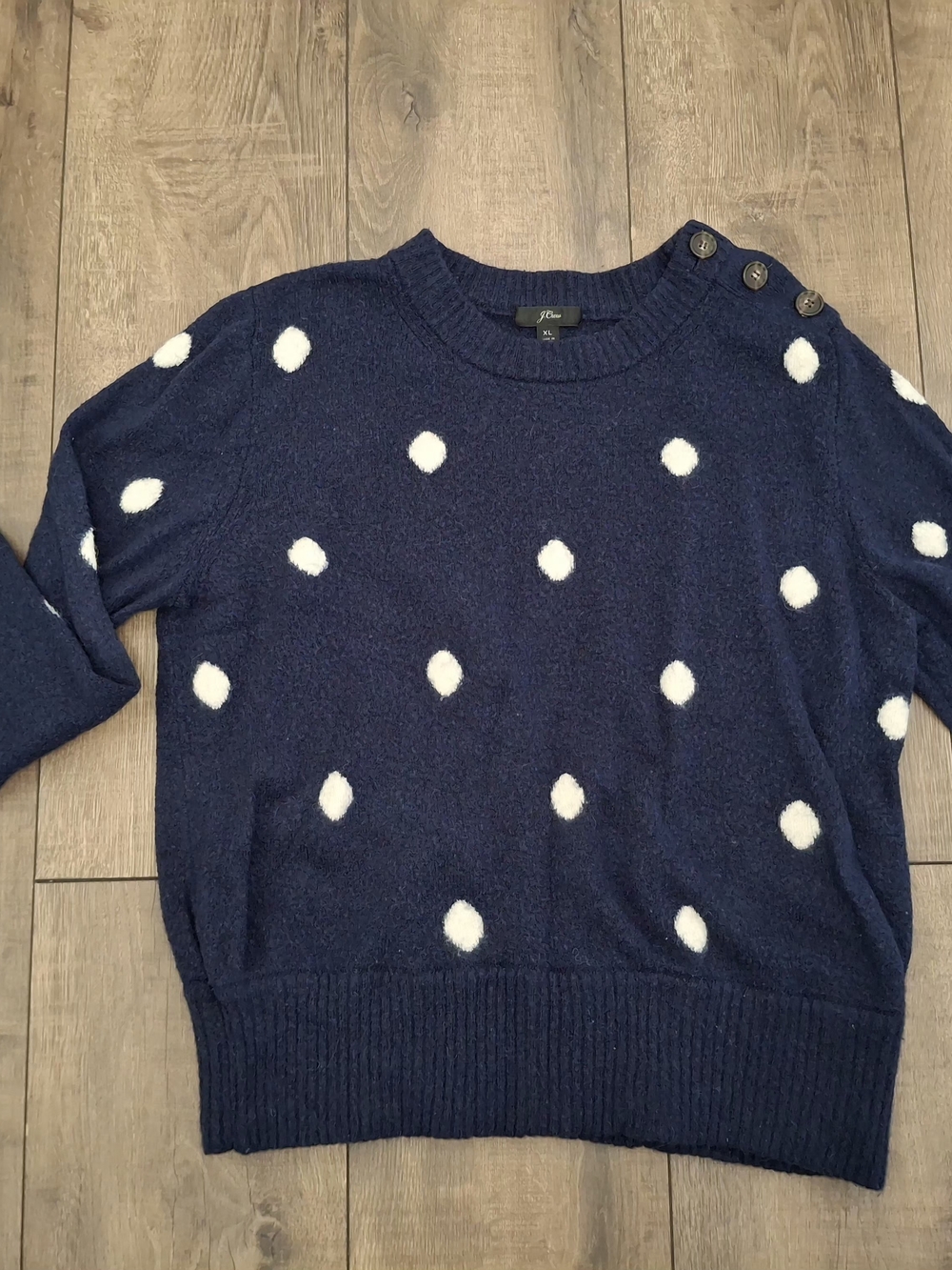 J. Crew Navy Sweater with White Polka Dots and Shoulder Buttons